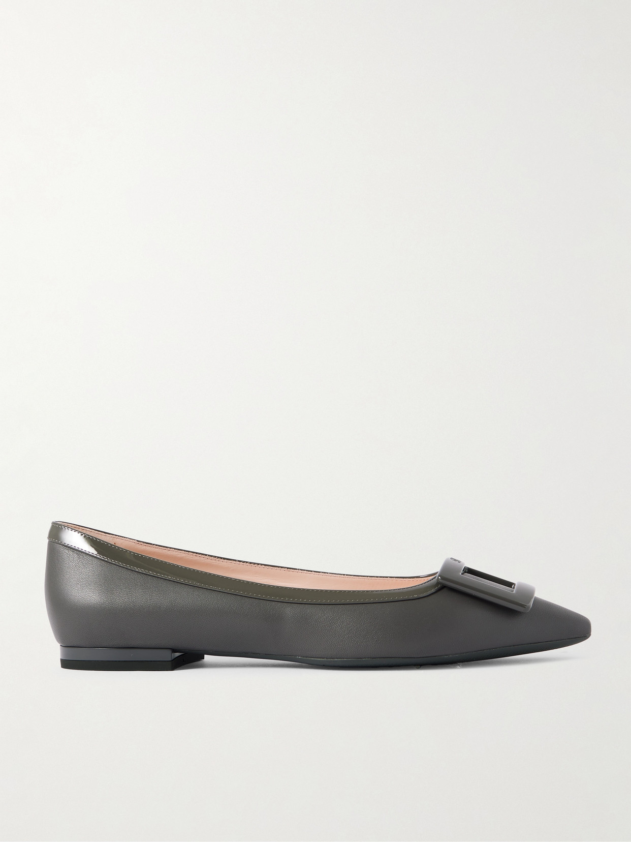 Roger Vivier Gommettine Buckled Glossed Crinkled-leather Ballet Flats In Gray