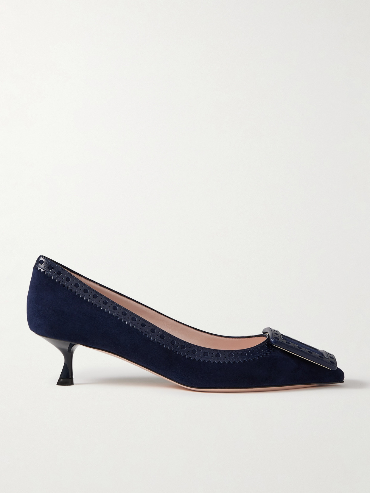 Roger Vivier - Viv In The City 45 Buckled Perforated Leather-trimmed Suede Pumps - Navy