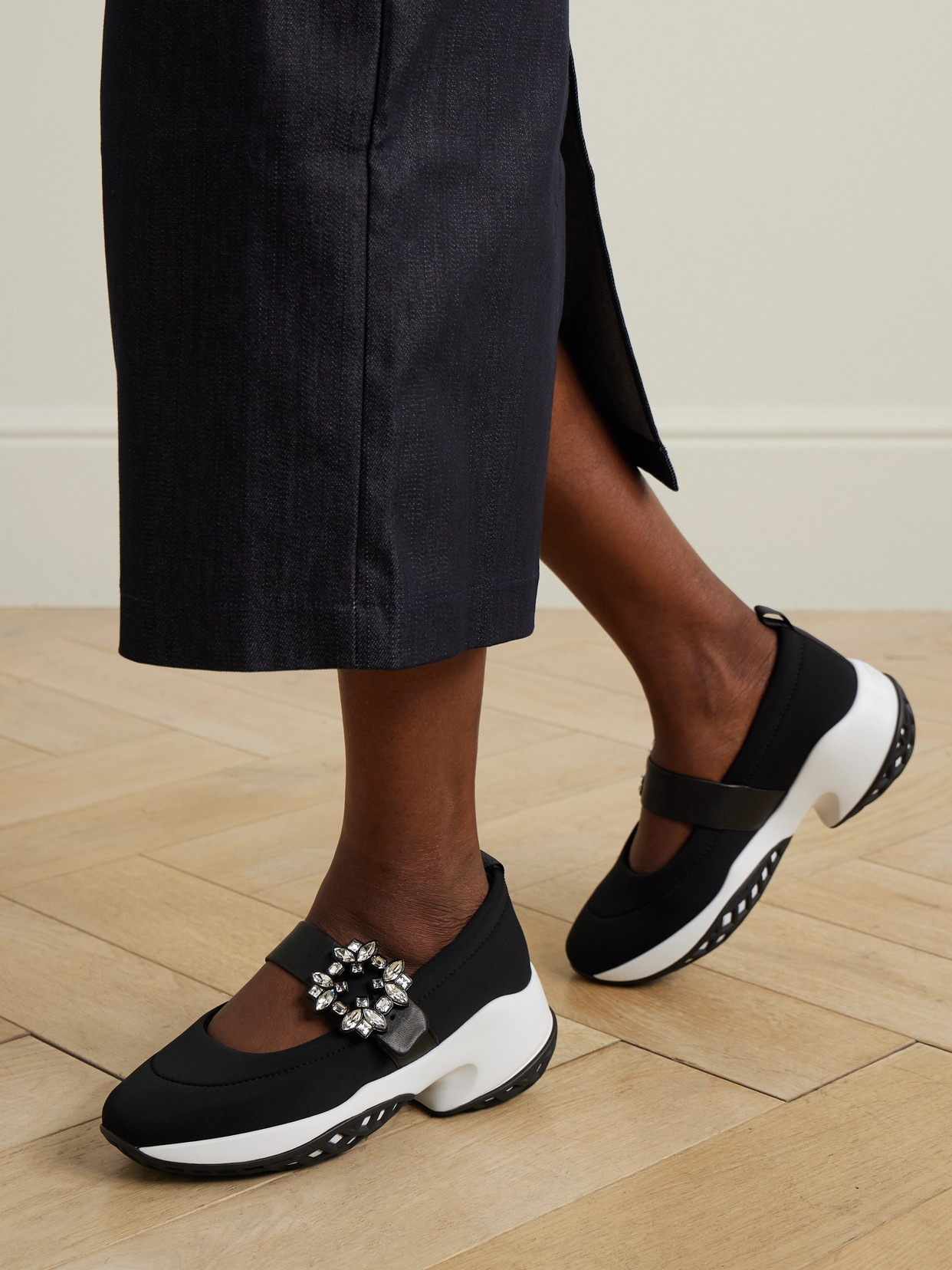 Roger Vivier Viv Run Strass Buckle Hybrid Slip Ons In Black