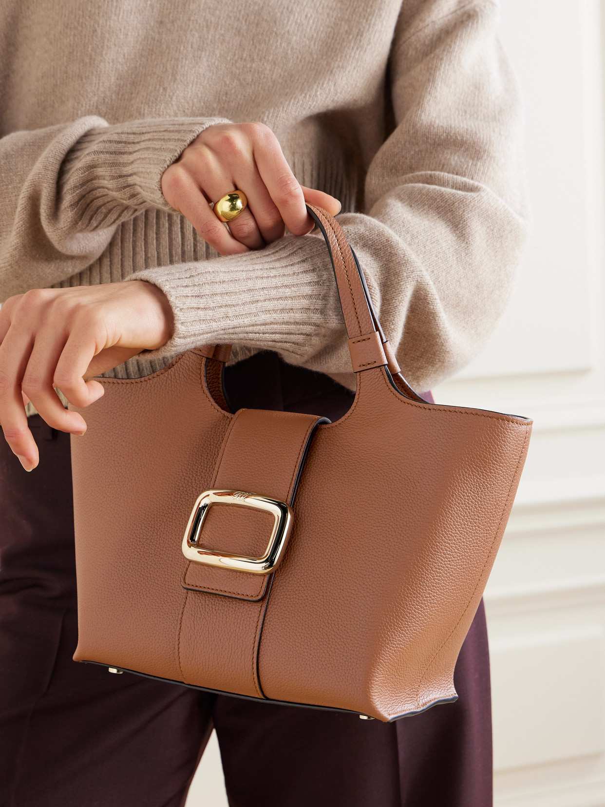 Shop Roger Vivier Grand Vivier Choc Mini Embellished Textured-leather Shoulder Bag In Brown