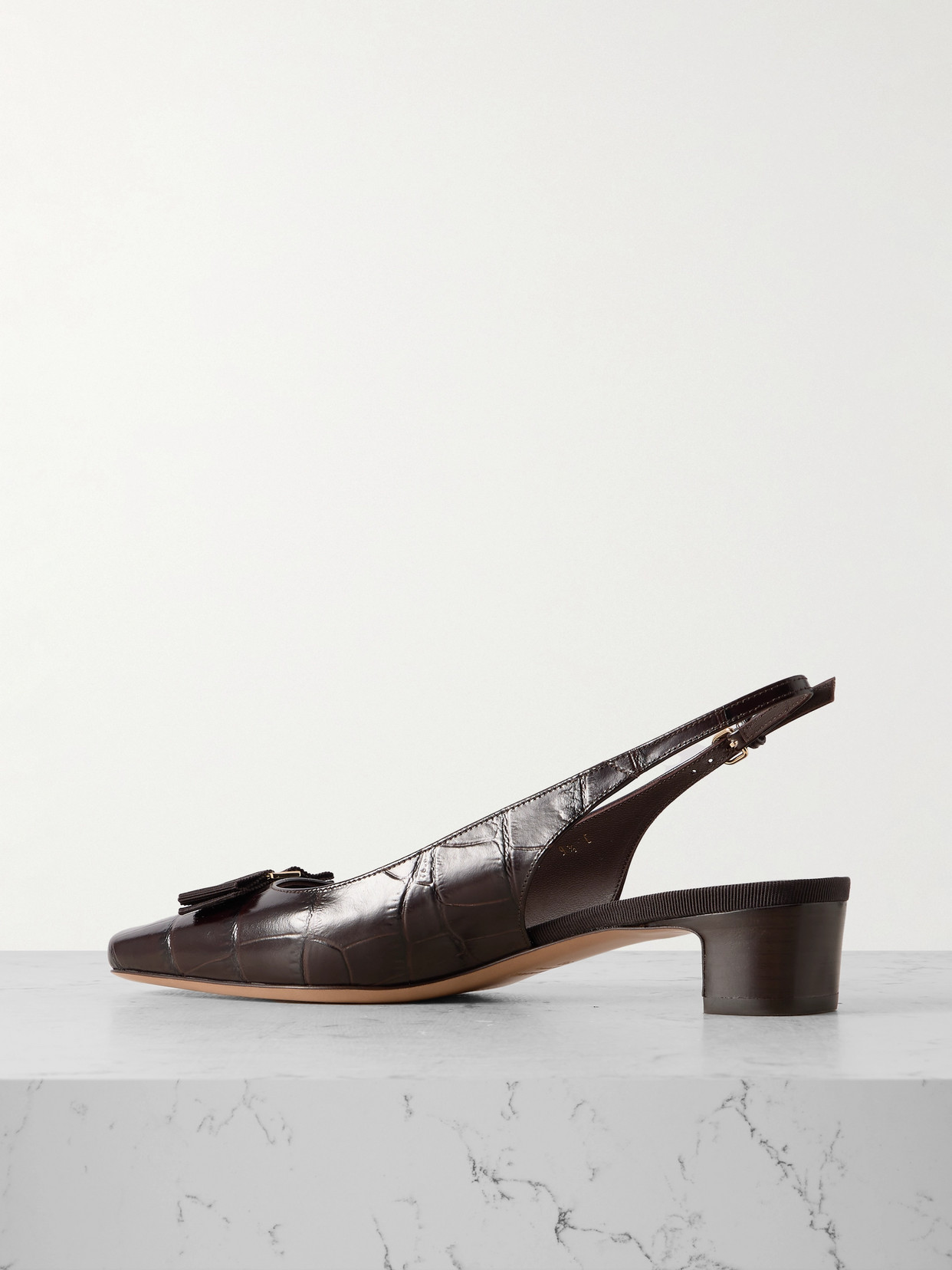FERRAGAMO RIVADA BOW-EMBELLISHED CROC-EFFECT LEATHER SLING-BACK PUMPS