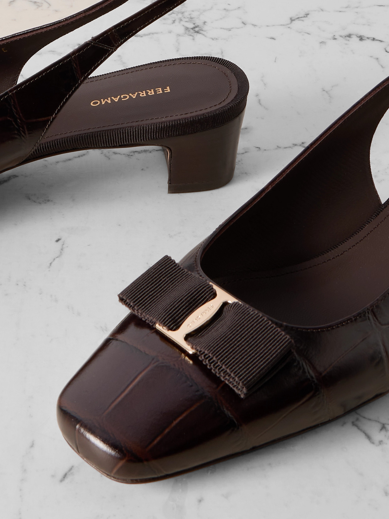 FERRAGAMO RIVADA BOW-EMBELLISHED CROC-EFFECT LEATHER SLING-BACK PUMPS