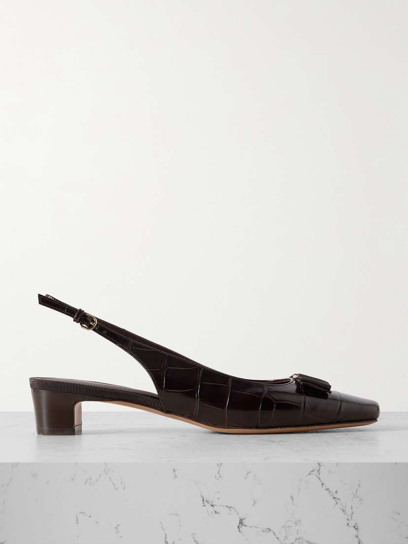 Ferragamo Rivada Bow-embellished Croc-effect Leather Sling-back Pumps