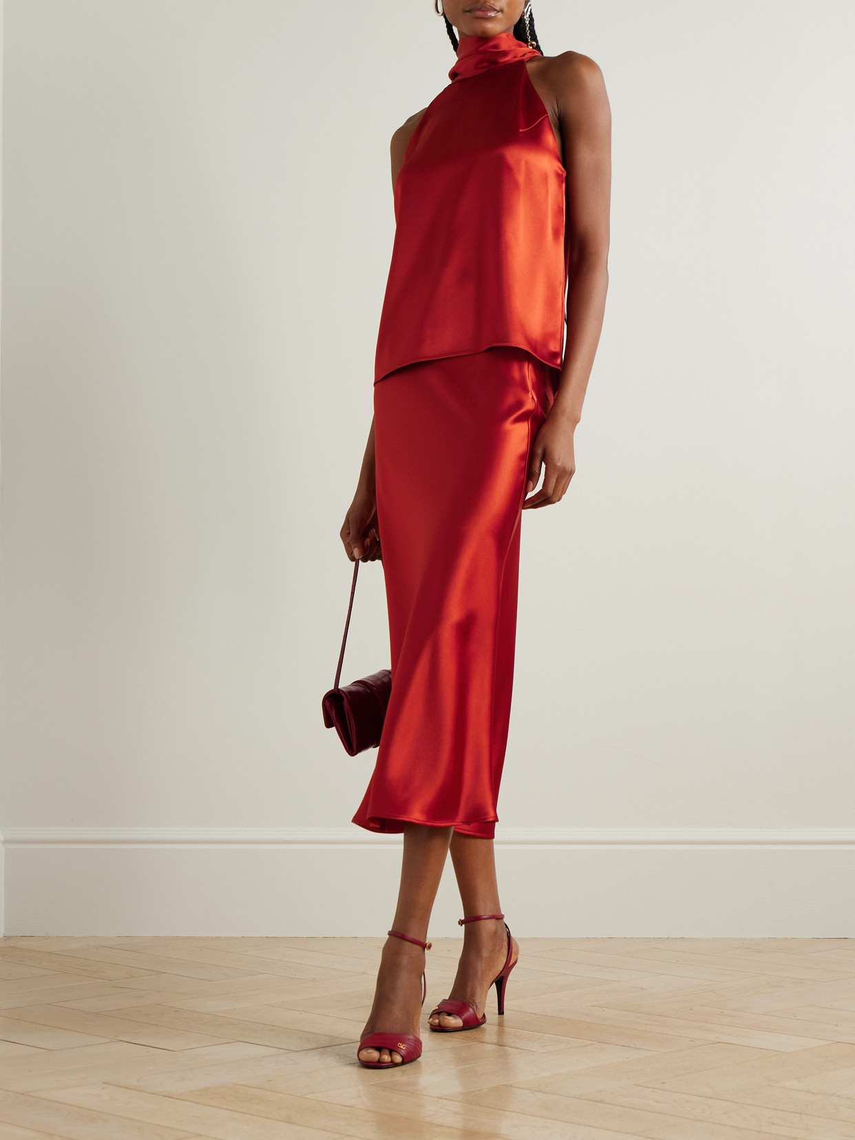 Galvan Valletta Draped Satin Midi Skirt In Red