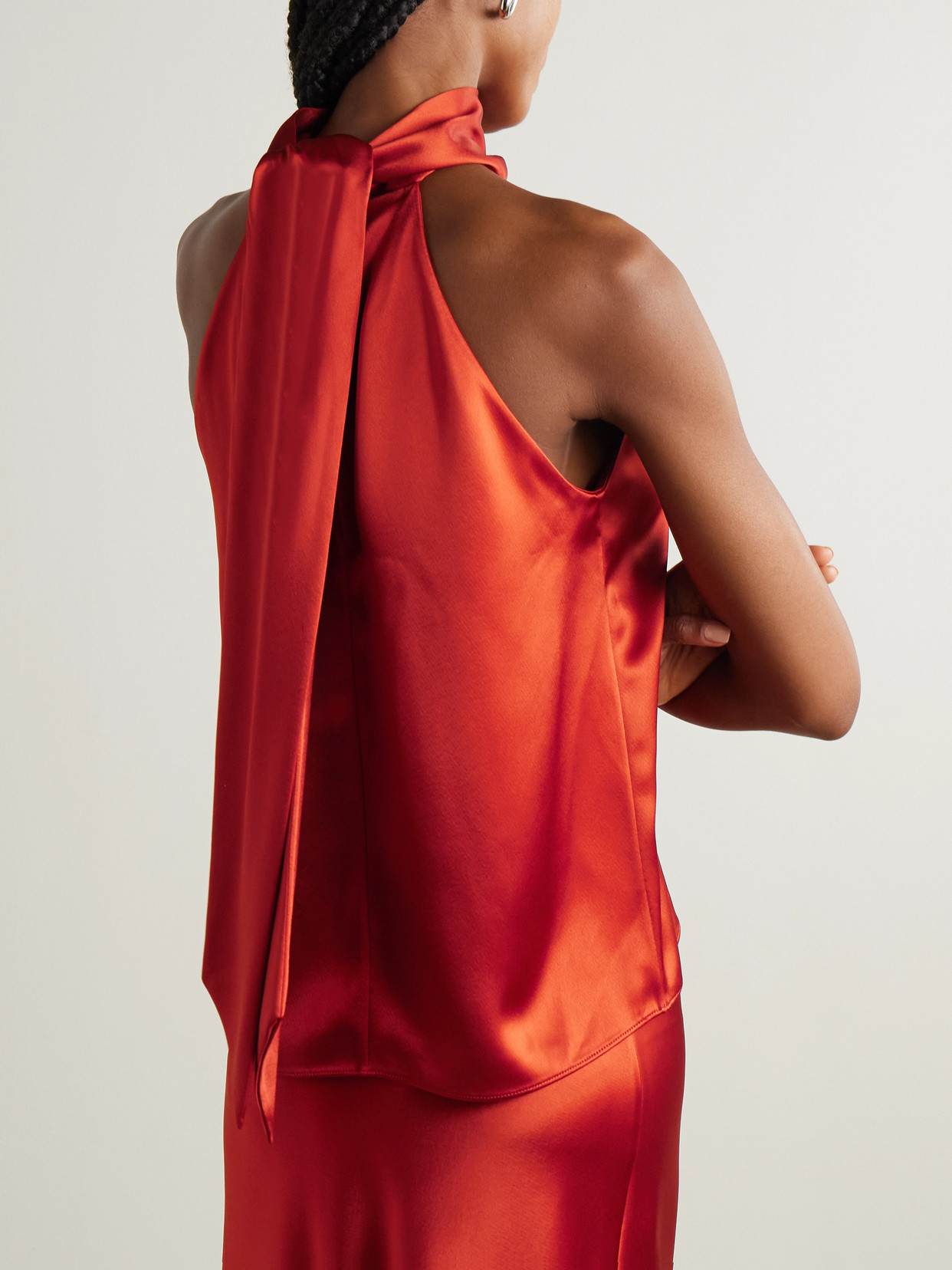 Galvan Sienna Bow-detailed Satin Turtleneck Top In Red