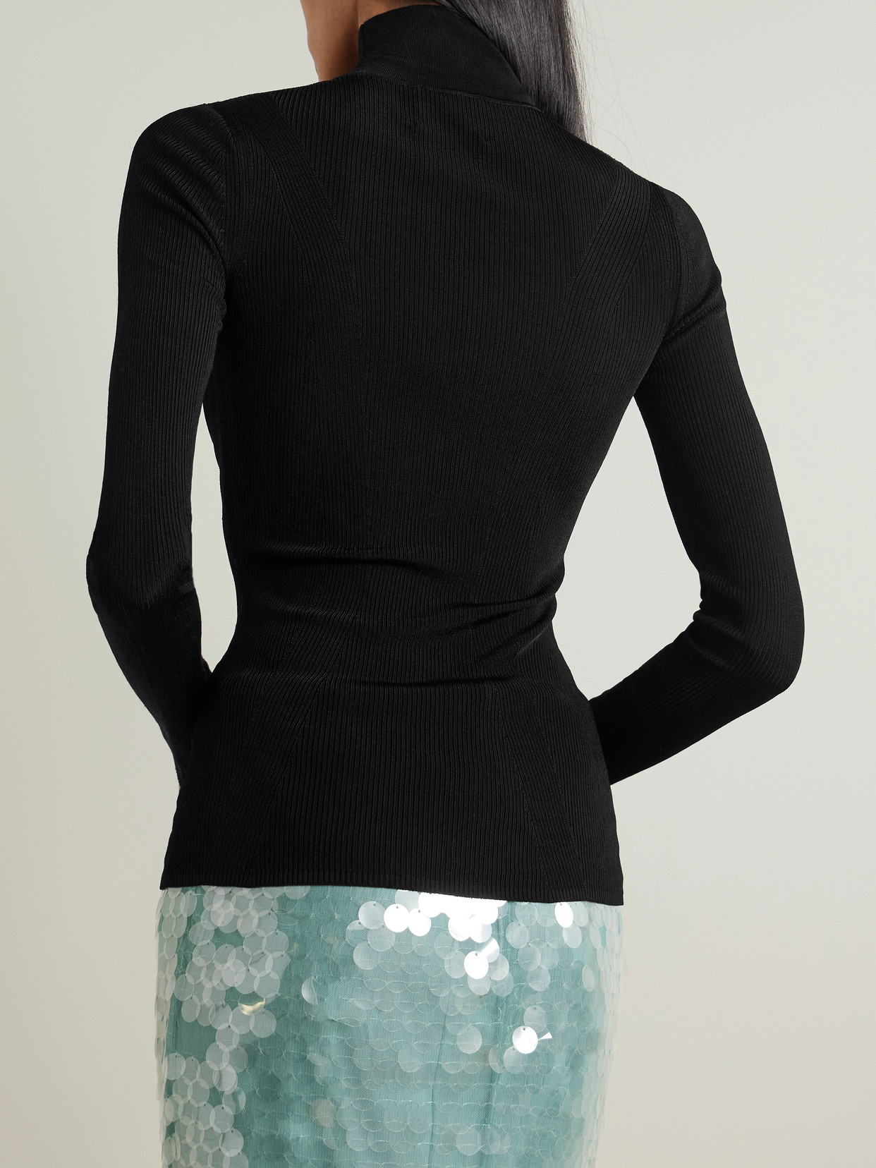 Galvan Polaris Paneled Ribbed-knit Turtleneck Top In Black
