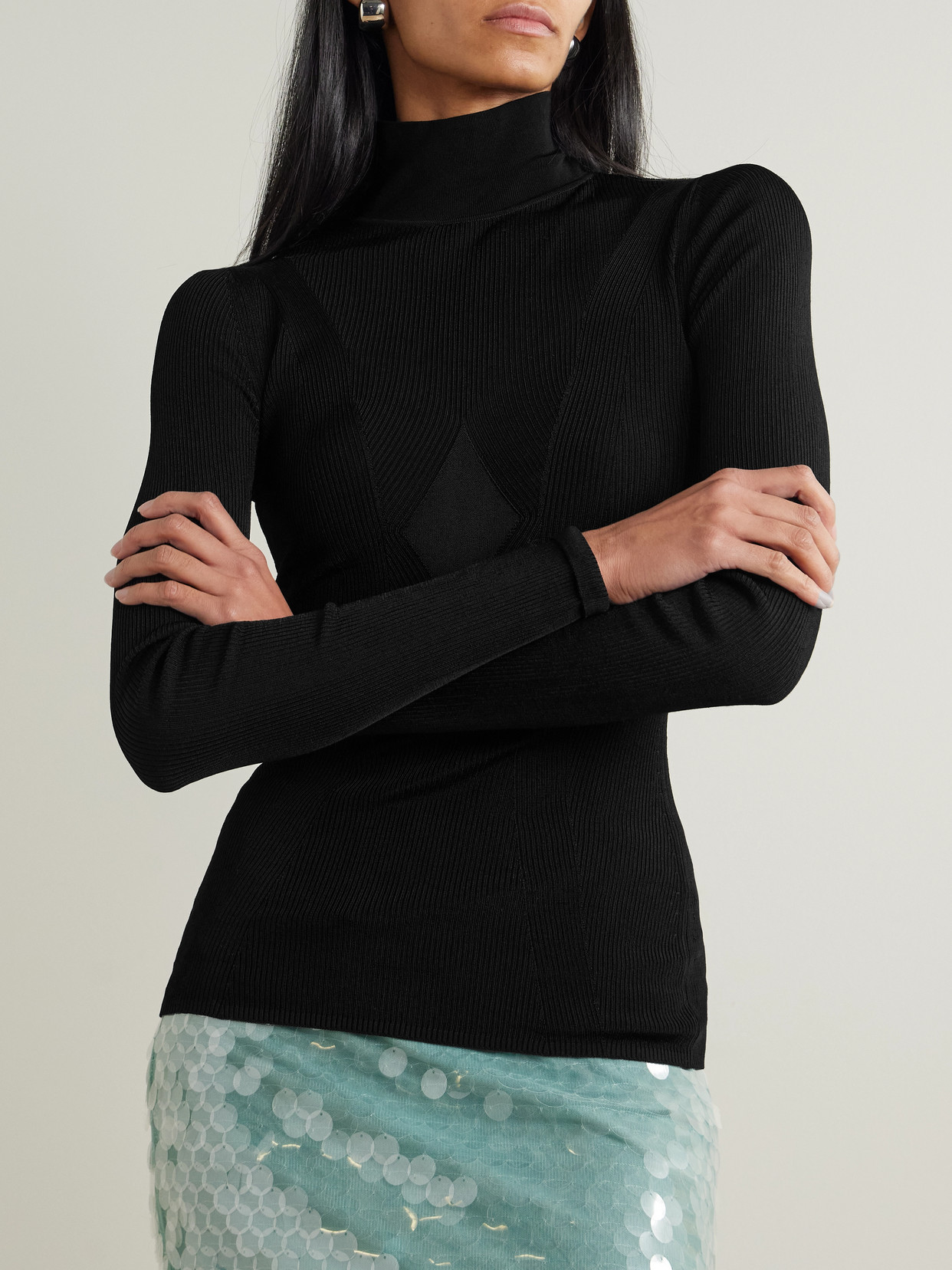 Galvan Polaris Paneled Ribbed-knit Turtleneck Top In Black