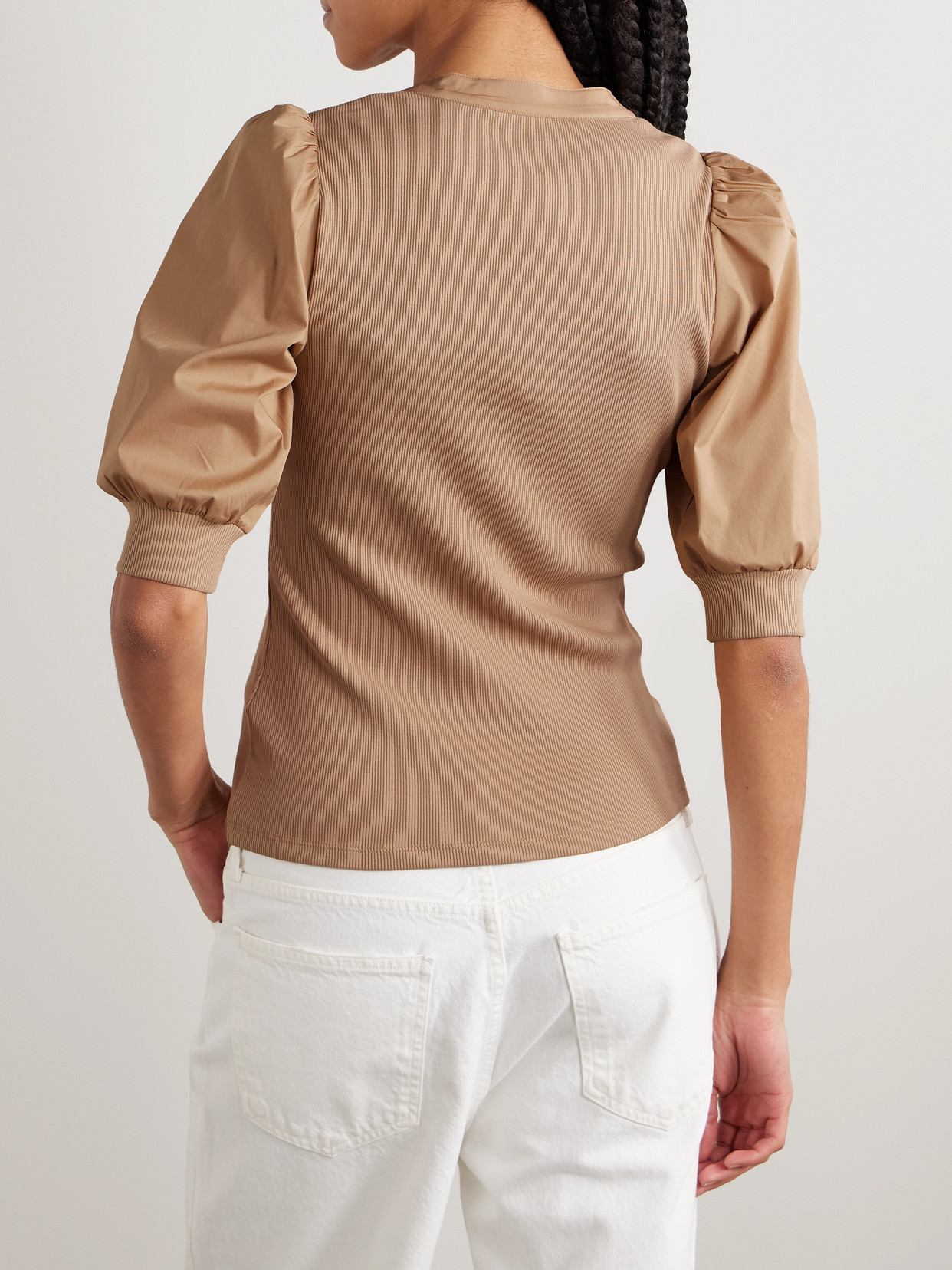 VERONICA BEARD CORALEE RIBBED PIMA COTTON-BLEND JERSEY AND POPLIN TOP