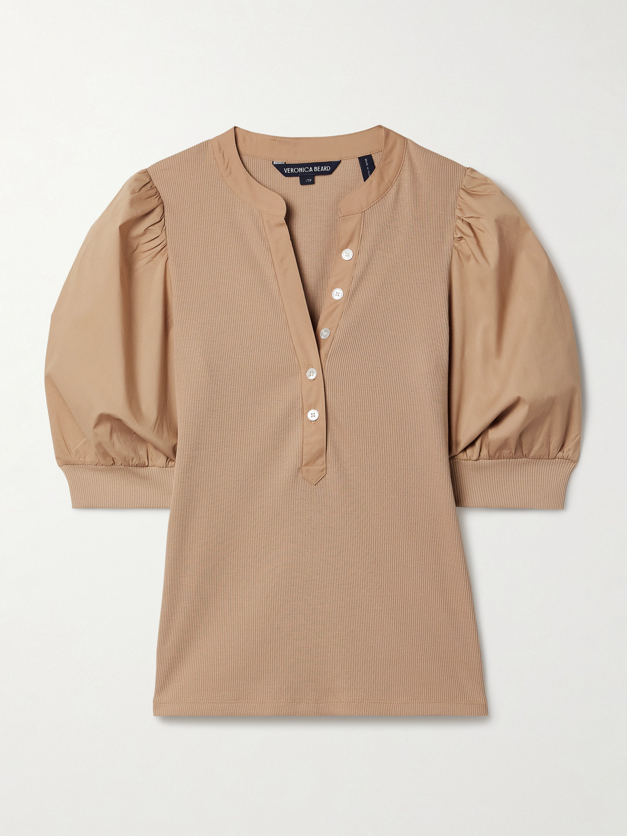 VERONICA BEARD CORALEE RIBBED PIMA COTTON-BLEND JERSEY AND POPLIN TOP