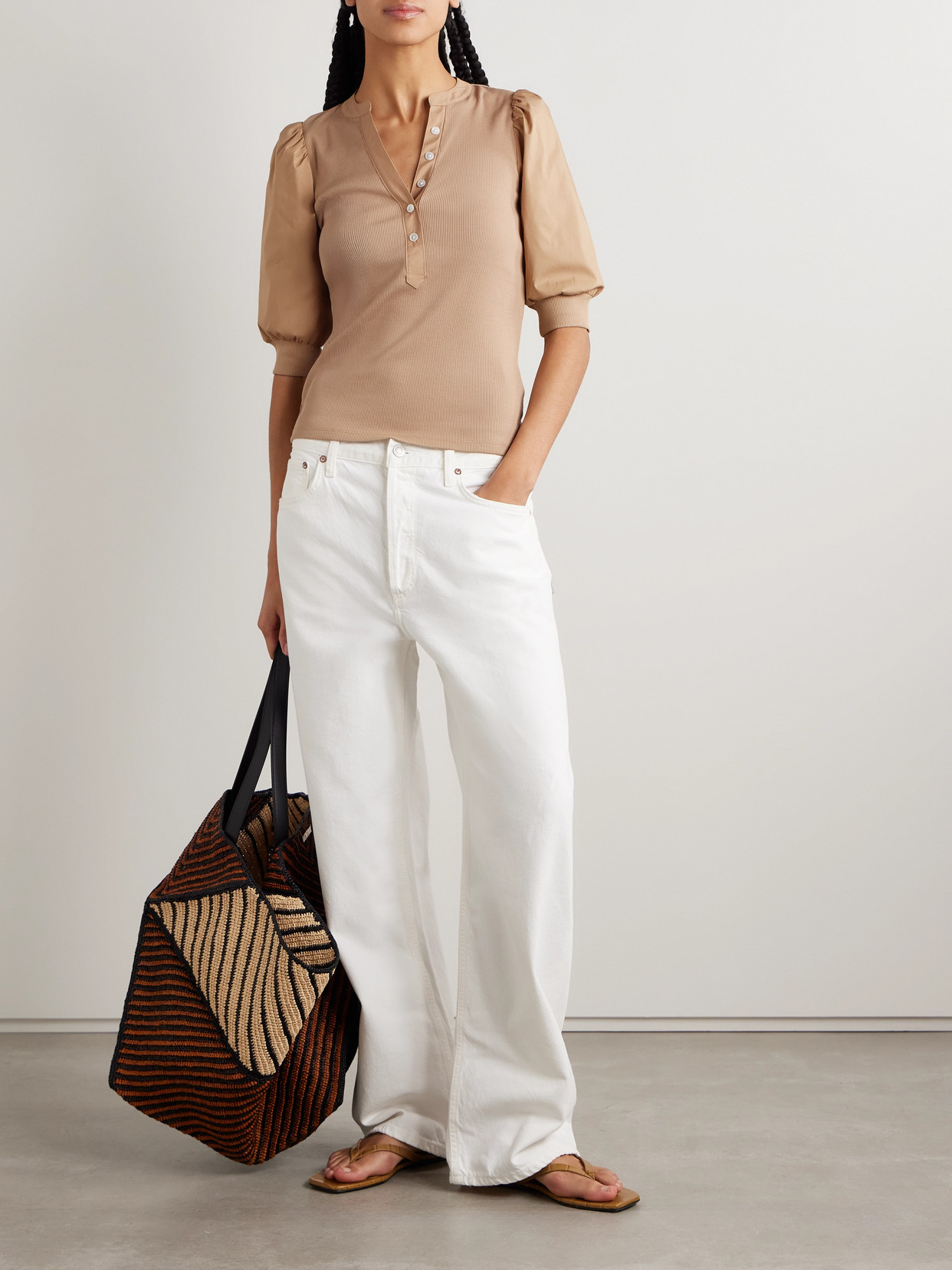 VERONICA BEARD CORALEE RIBBED PIMA COTTON-BLEND JERSEY AND POPLIN TOP