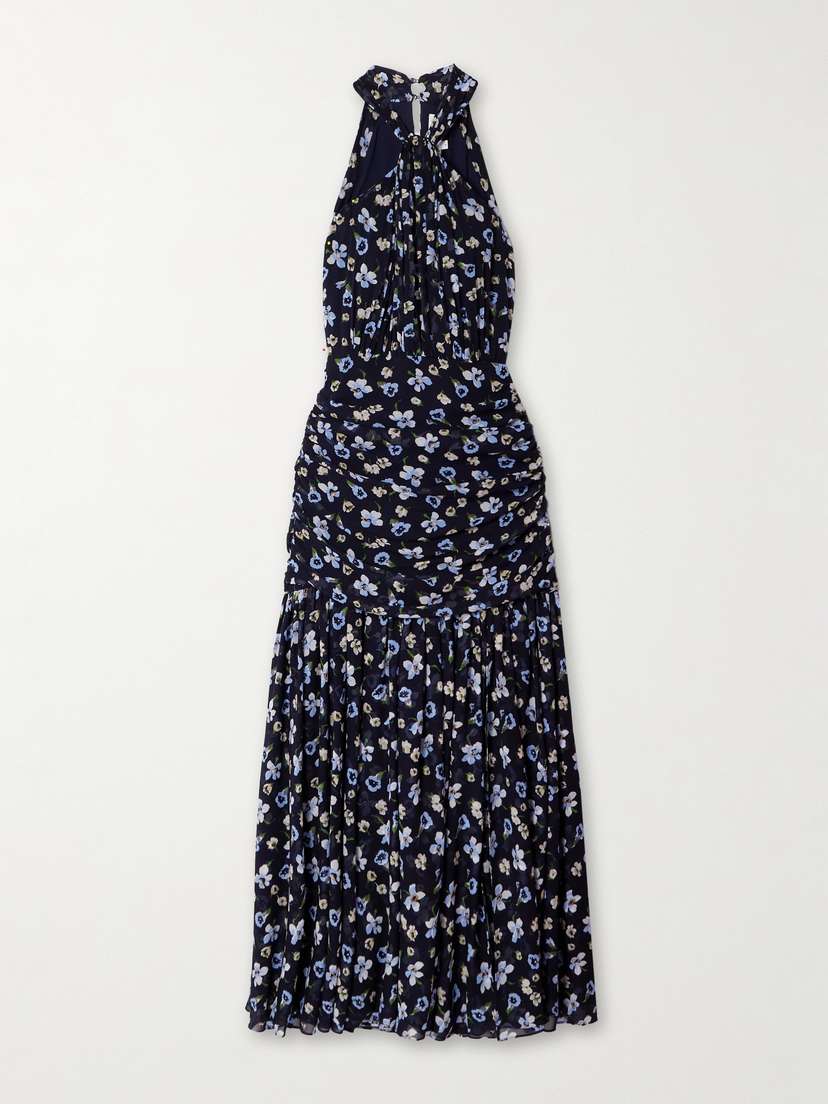 Veronica Beard Brock Ruched Floral-print Silk Crepe De Chine Midi Dress