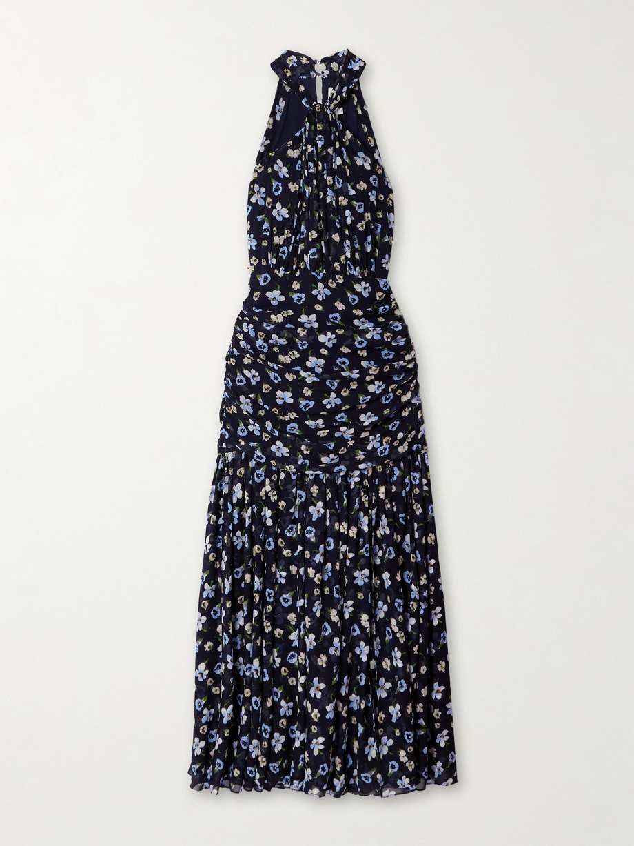 brock ruched floral-print silk crepe de chine midi dress
