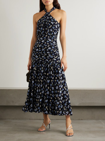 Veronica Beard Brock ruched floral-print silk crepe de chine midi dress