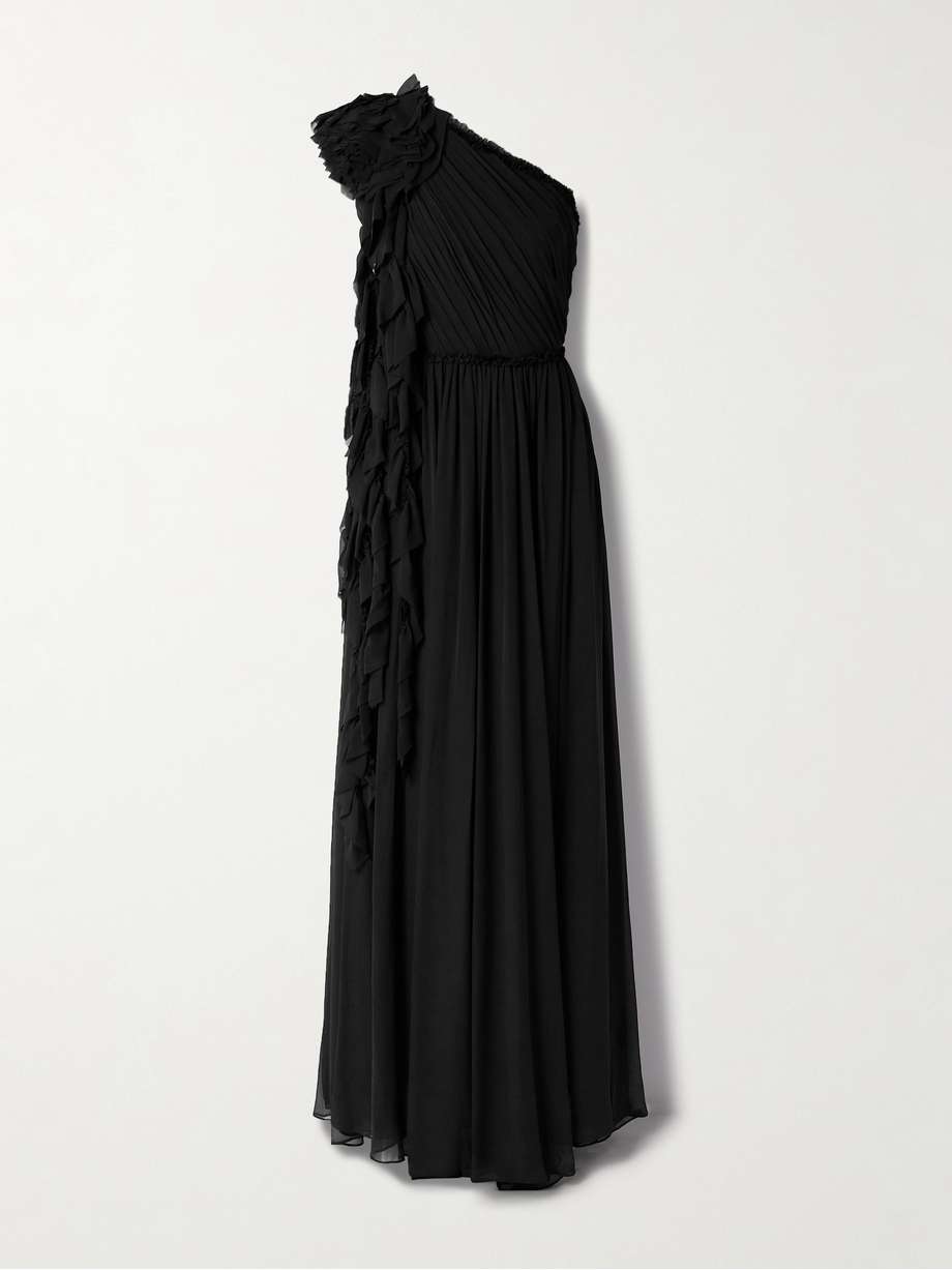adona one-shoulder ruffled gathered silk-chiffon gown