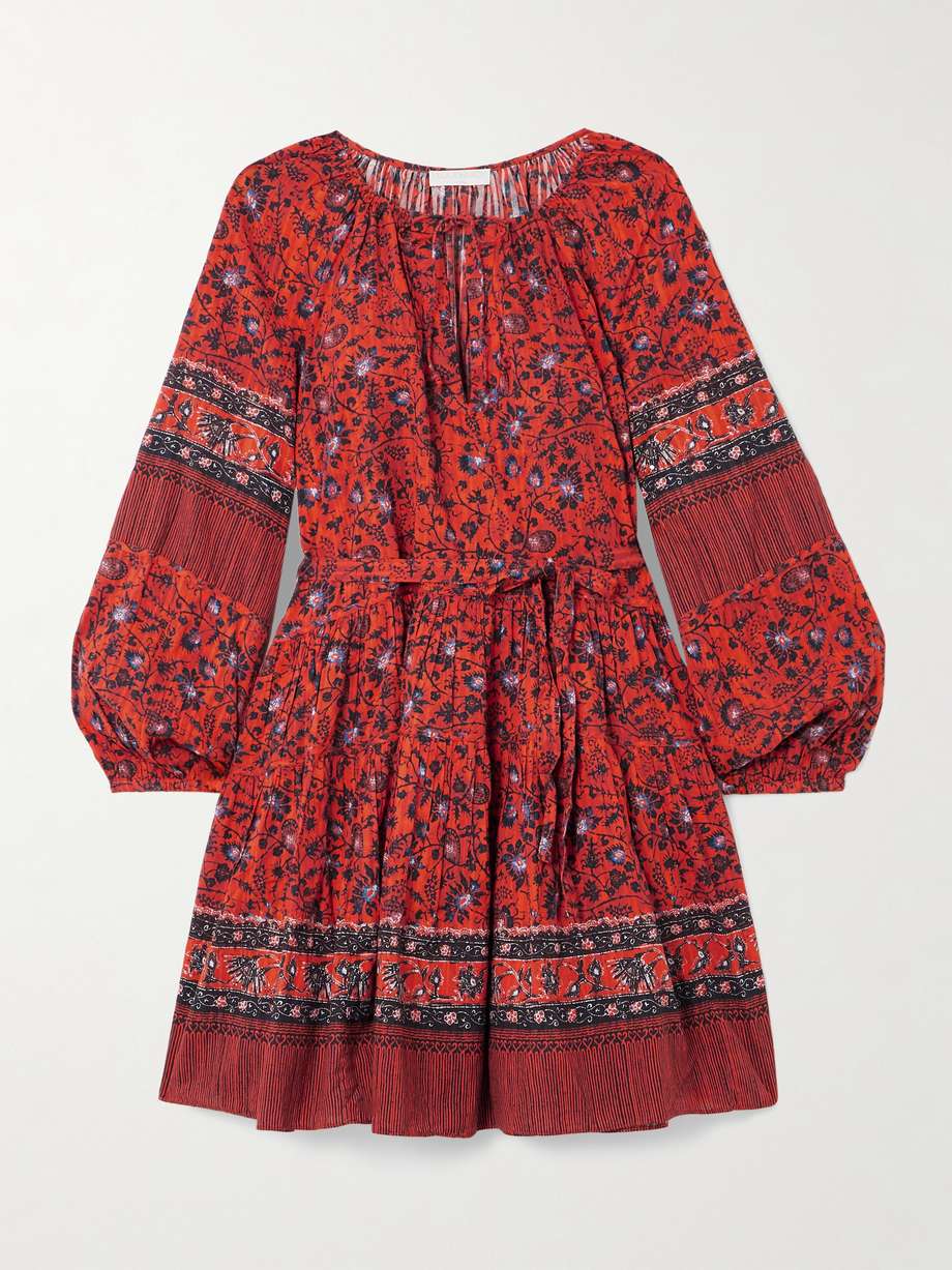 abri belted tiered printed cotton-blend voile mini dress