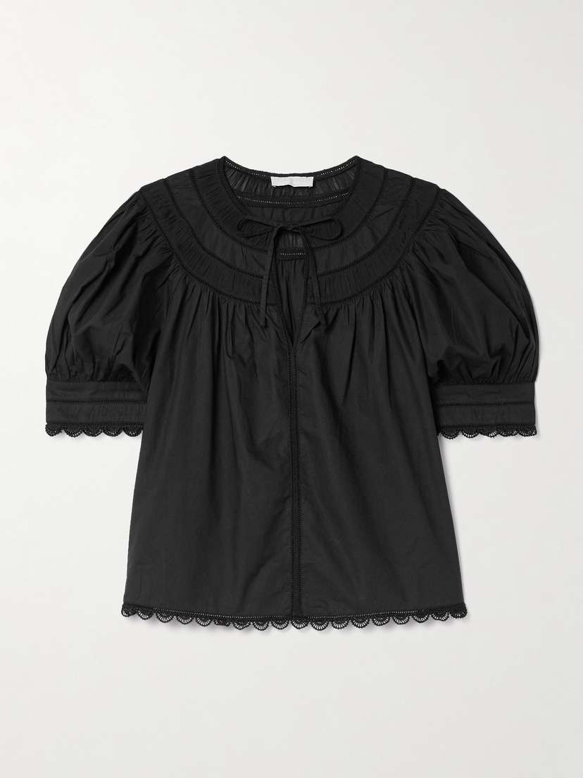Ulla Johnson Dylan Plissé-chiffon And Lace-trimmed Cotton-poplin Blouse