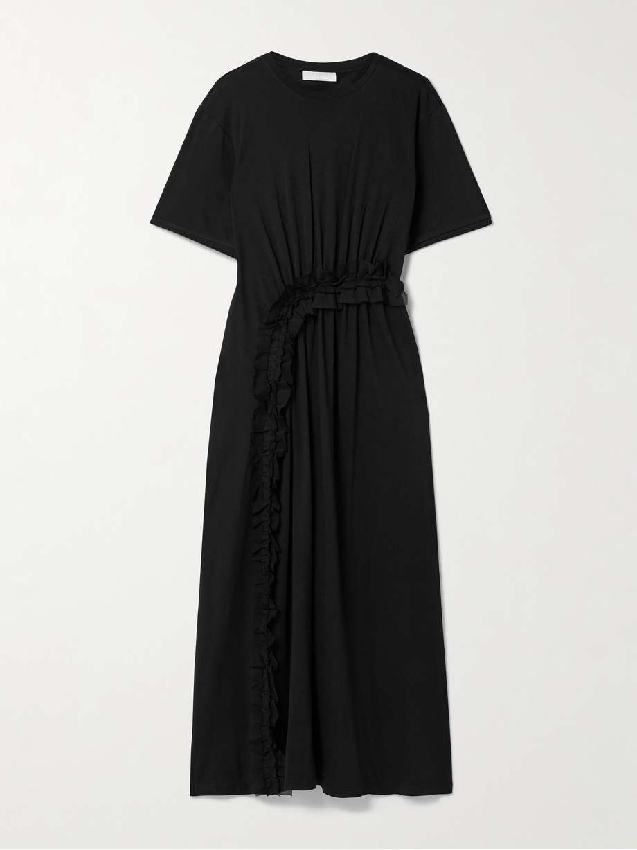 lilia crepon-trimmed ruched organic cotton-jersey midi dress