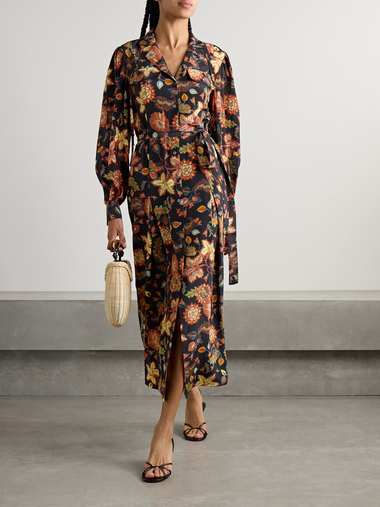 Ulla Johnson Giselle Belted Floral-print Silk Midi Dress In Black