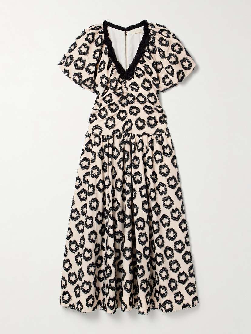 Ulla Johnson Violeta Chiffon-trimmed Ruched Fil Coupé Recycled-faille Midi Dress