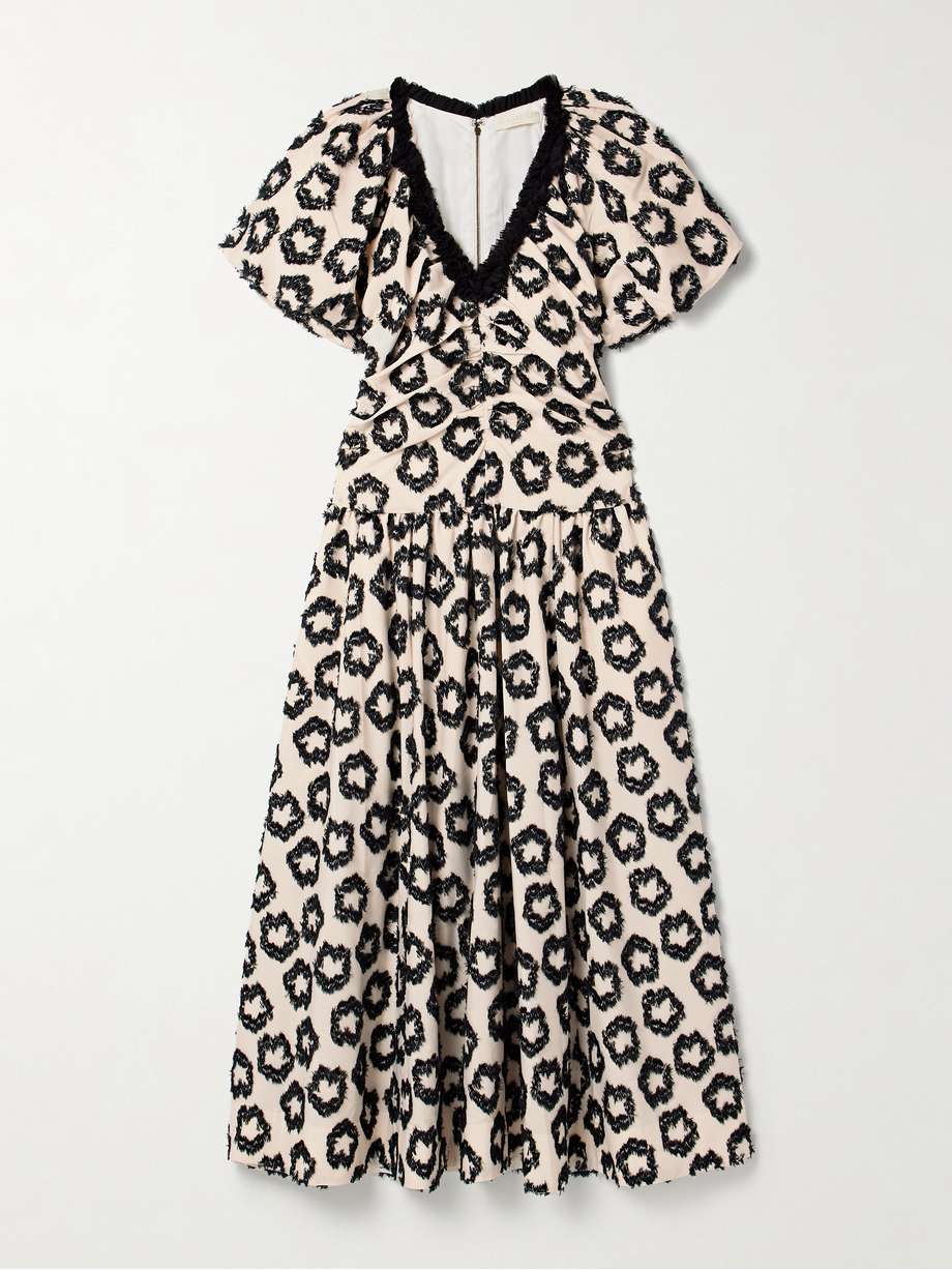 violeta chiffon-trimmed ruched fil coupé recycled-faille midi dress