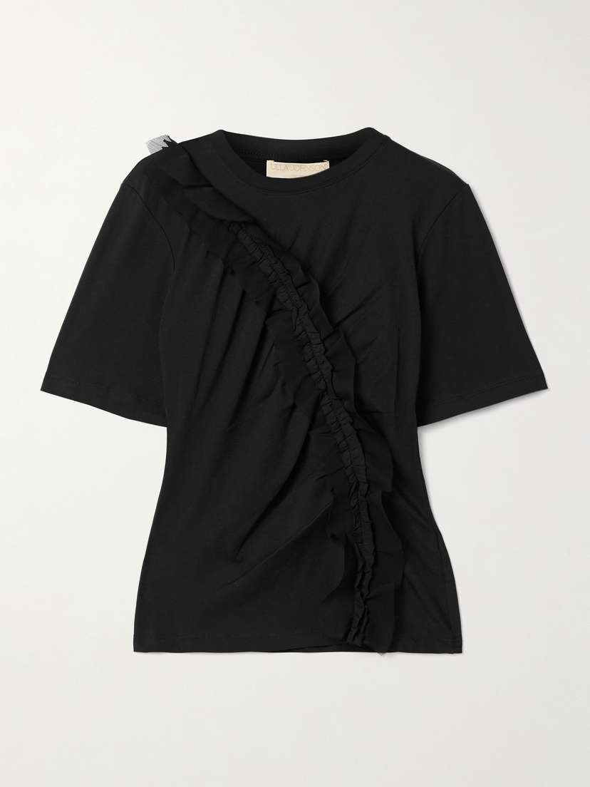 Ulla Johnson Vivi Crepon-trimmed Ruched Organic Cotton-jersey T-shirt