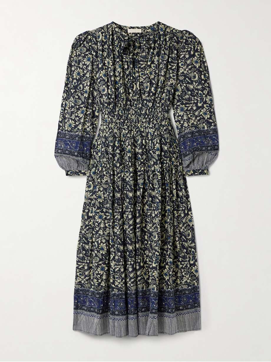 mona shirred floral-print cotton-blend midi dress