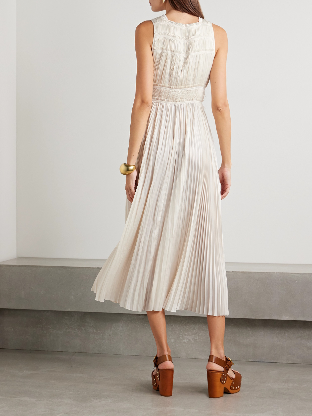 ULLA JOHNSON ELLE PANELED PLISSÉ-SATIN MIDI DRESS