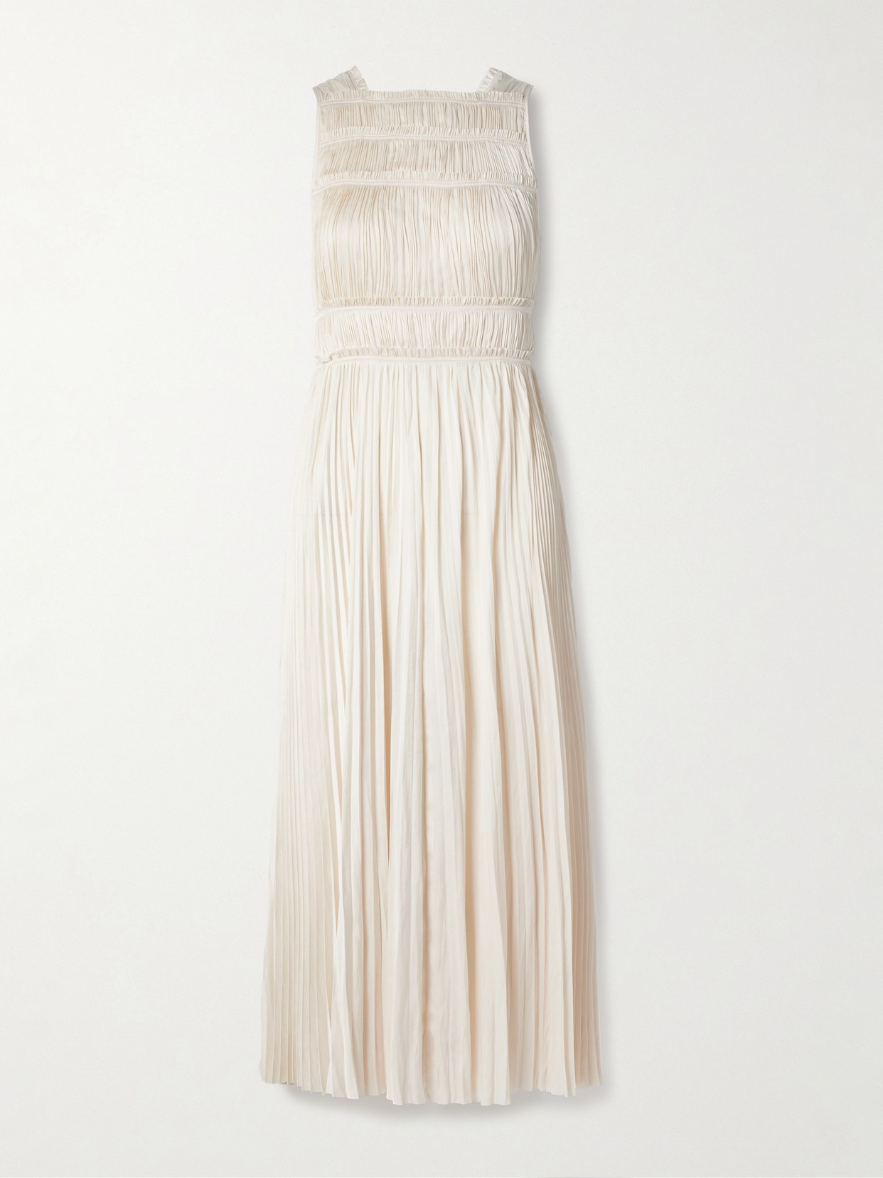 Ulla Johnson Elle Paneled Plissé-satin Midi Dress In Ecru