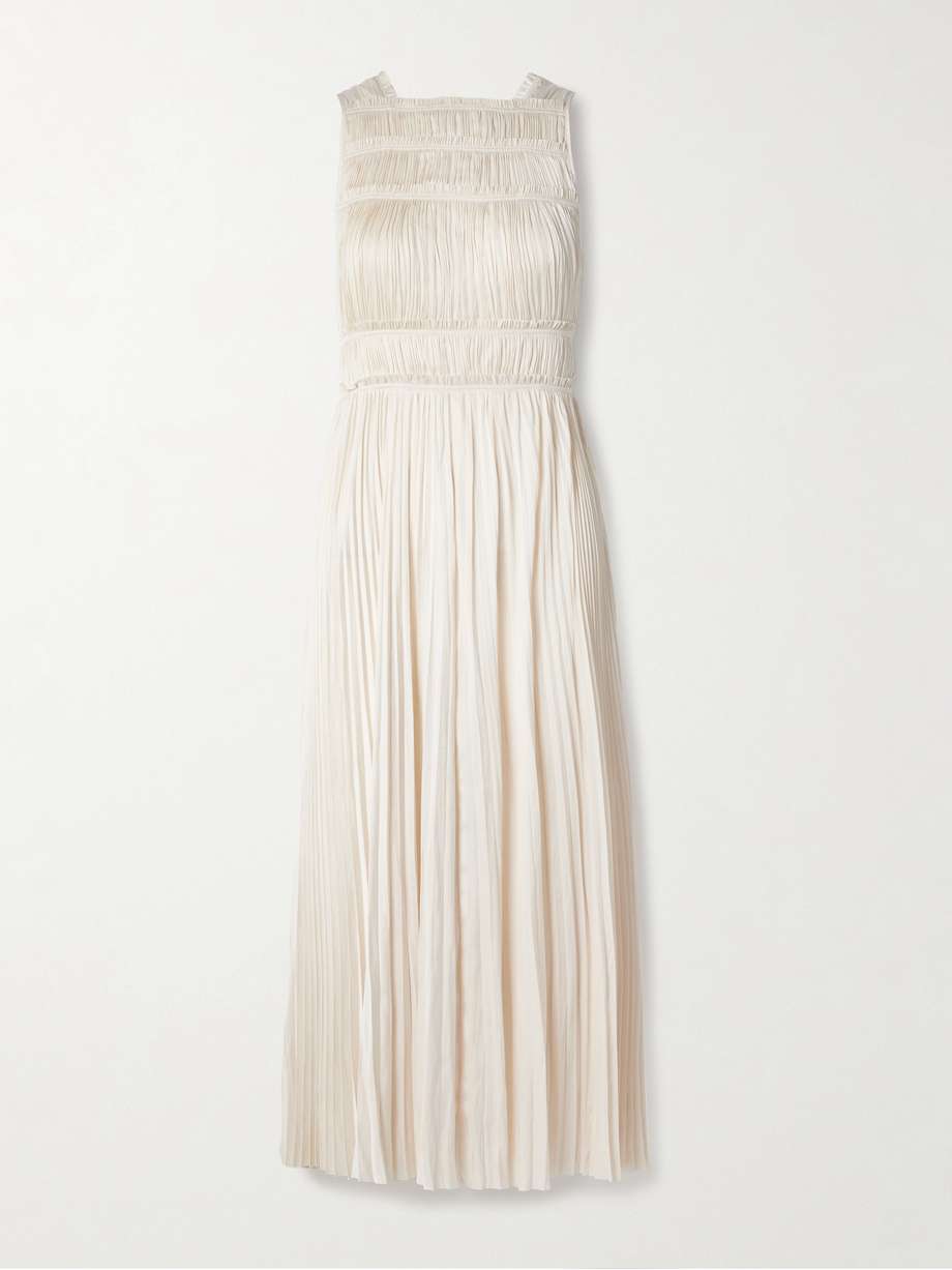 elle paneled plissé-satin midi dress