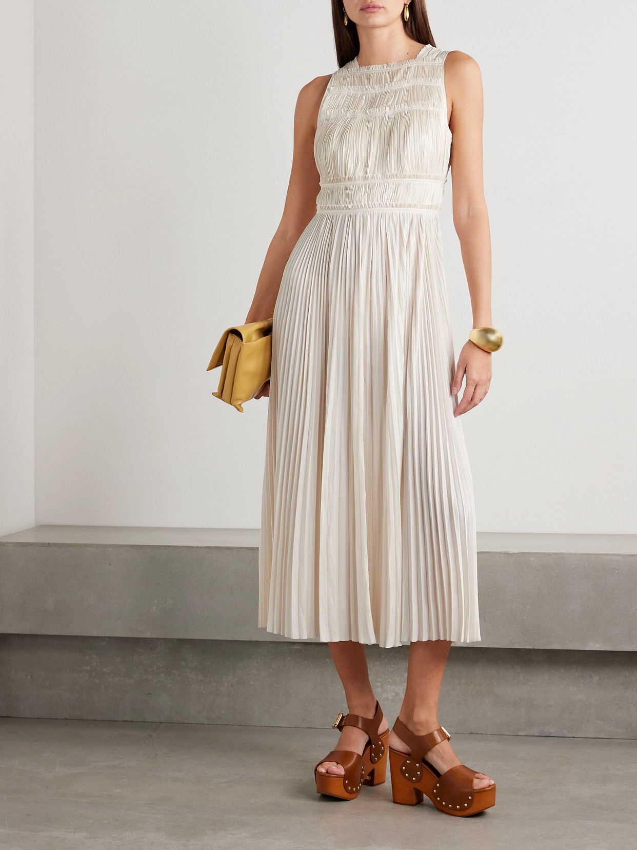 ULLA JOHNSON ELLE PANELED PLISSÉ-SATIN MIDI DRESS