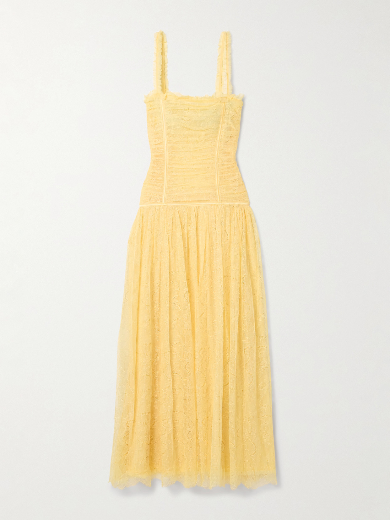 Ulla Johnson Florelle Ruched French Chantilly Lace Maxi Dress In Yellow