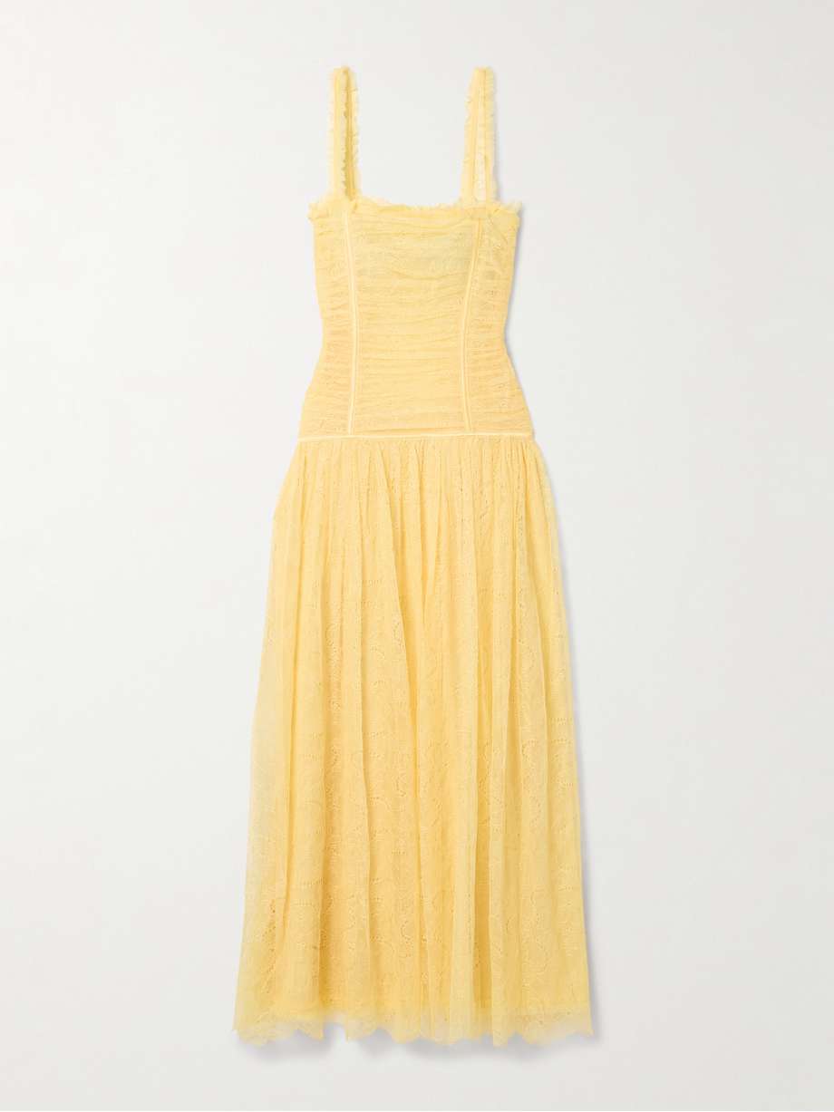 florelle ruched  chantilly lace maxi dress