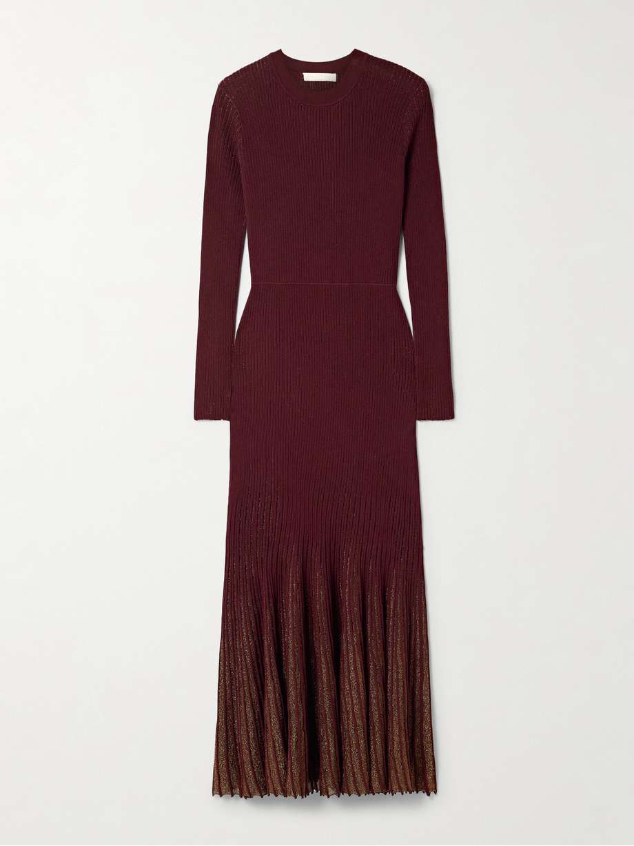 mila metallic ribbed-knit midi dress