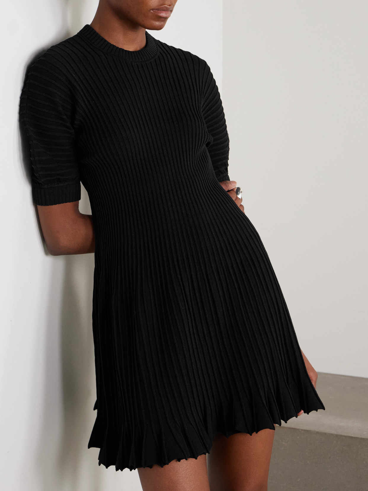 ULLA JOHNSON TALIE PLEATED RIBBED-KNIT MINI DRESS