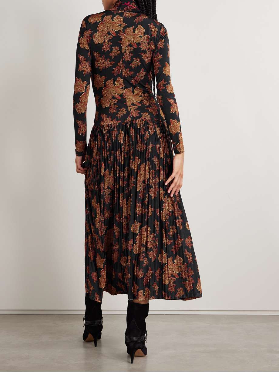 amaya pleated floral-print jersey turtleneck maxi dress