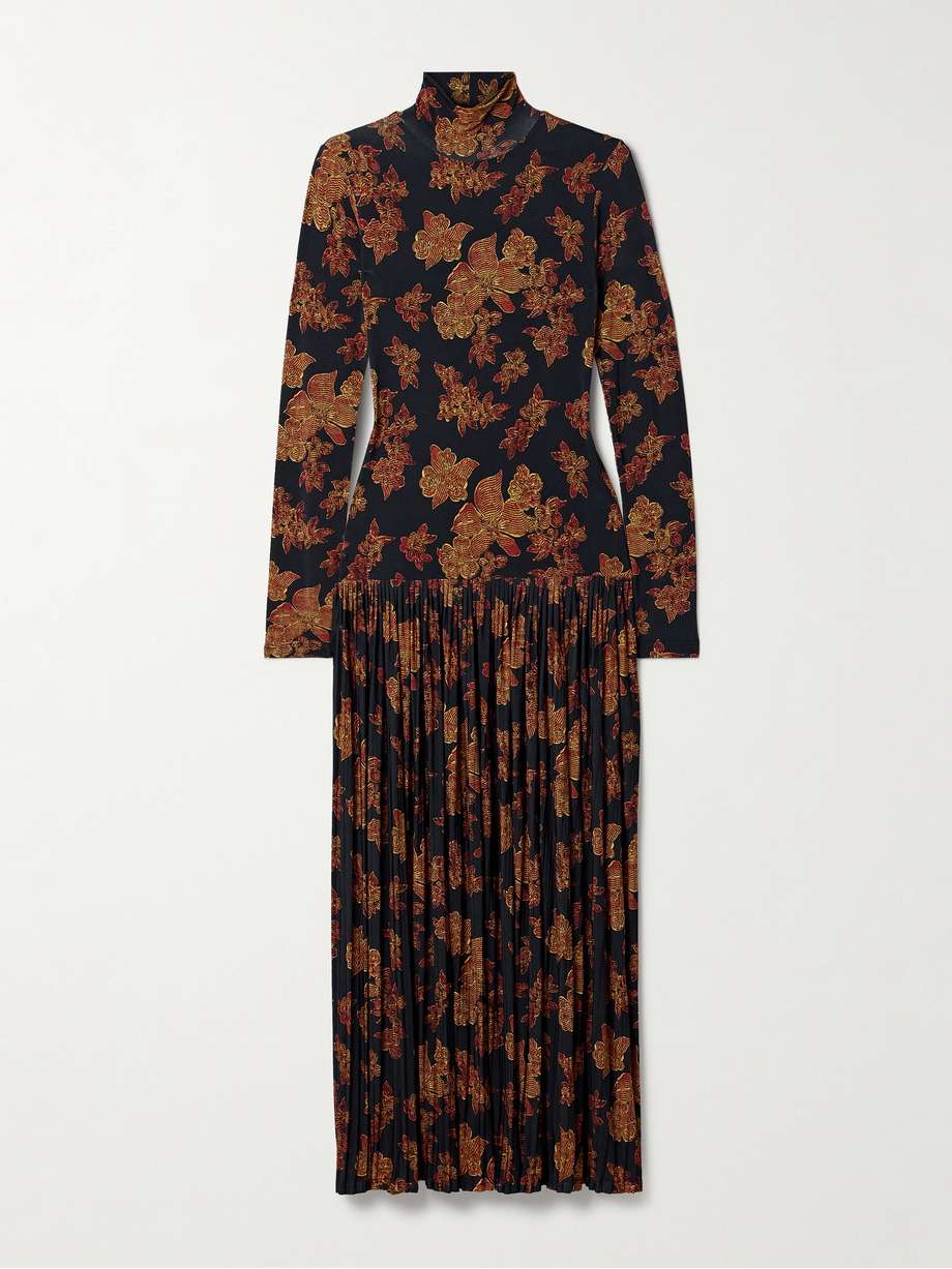 amaya pleated floral-print jersey turtleneck maxi dress