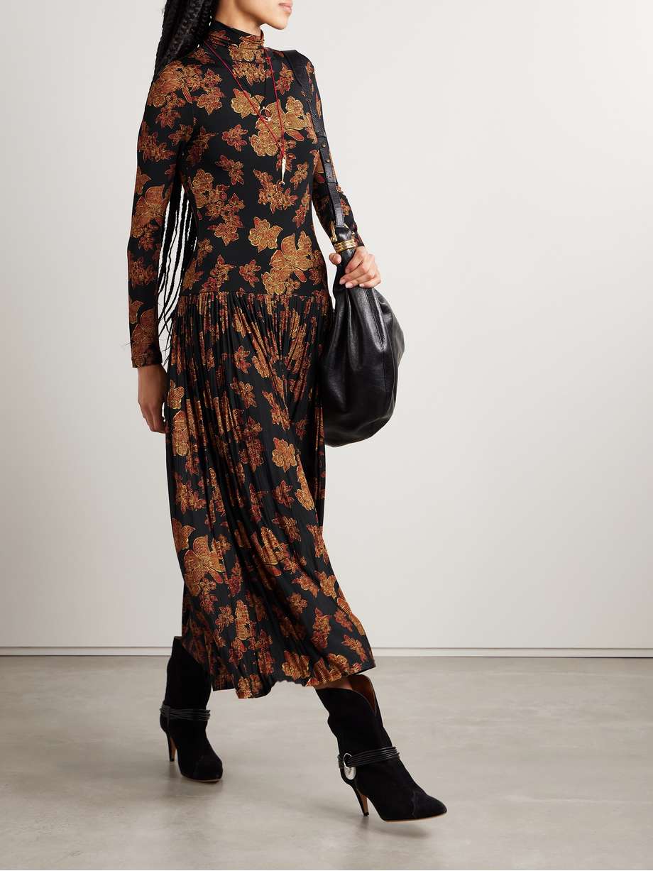 amaya pleated floral-print jersey turtleneck maxi dress