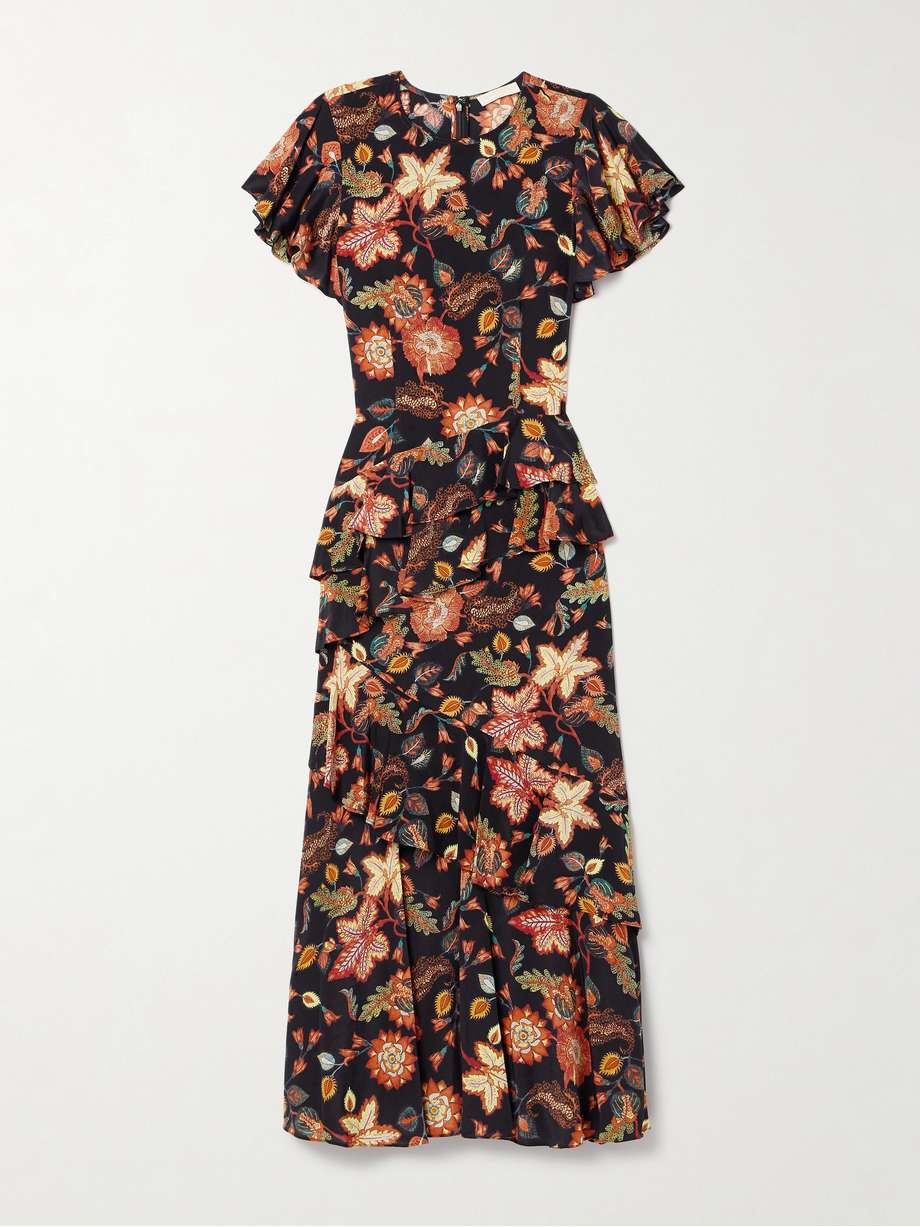amaia tiered ruffled floral-print silk midi dress