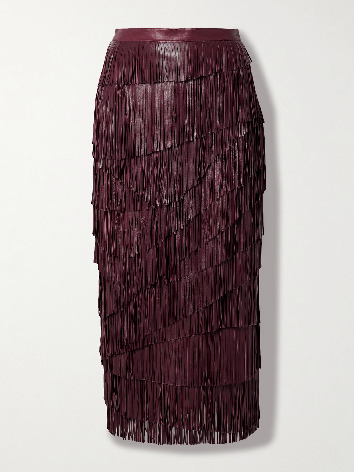 Shop Ulla Johnson Therese Tiered Fringed Leather Midi Skirt In Burgundy