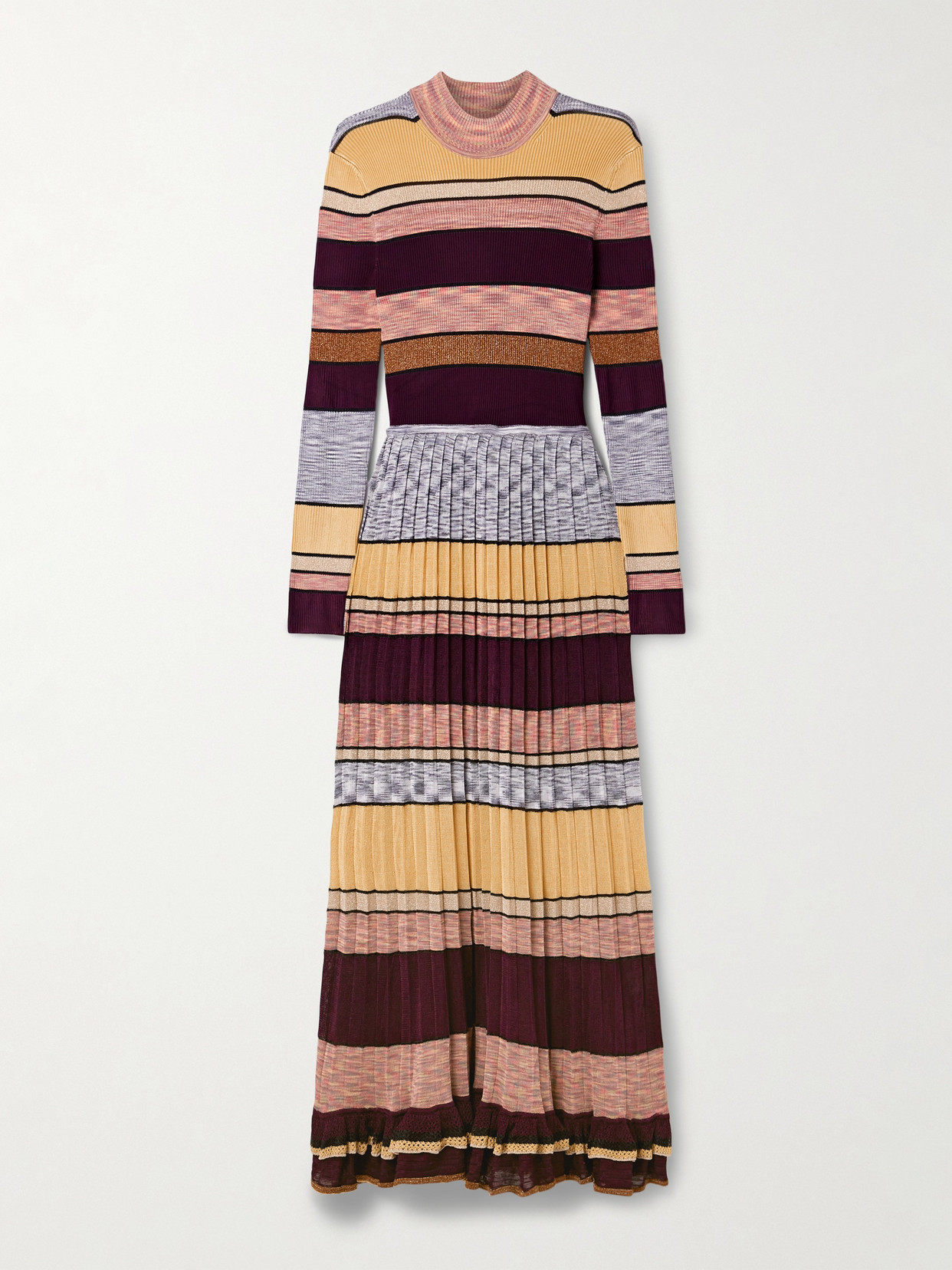 Shop Ulla Johnson Evangeline Striped Pleated Metallic Knit Turtleneck Maxi Dress In Multi