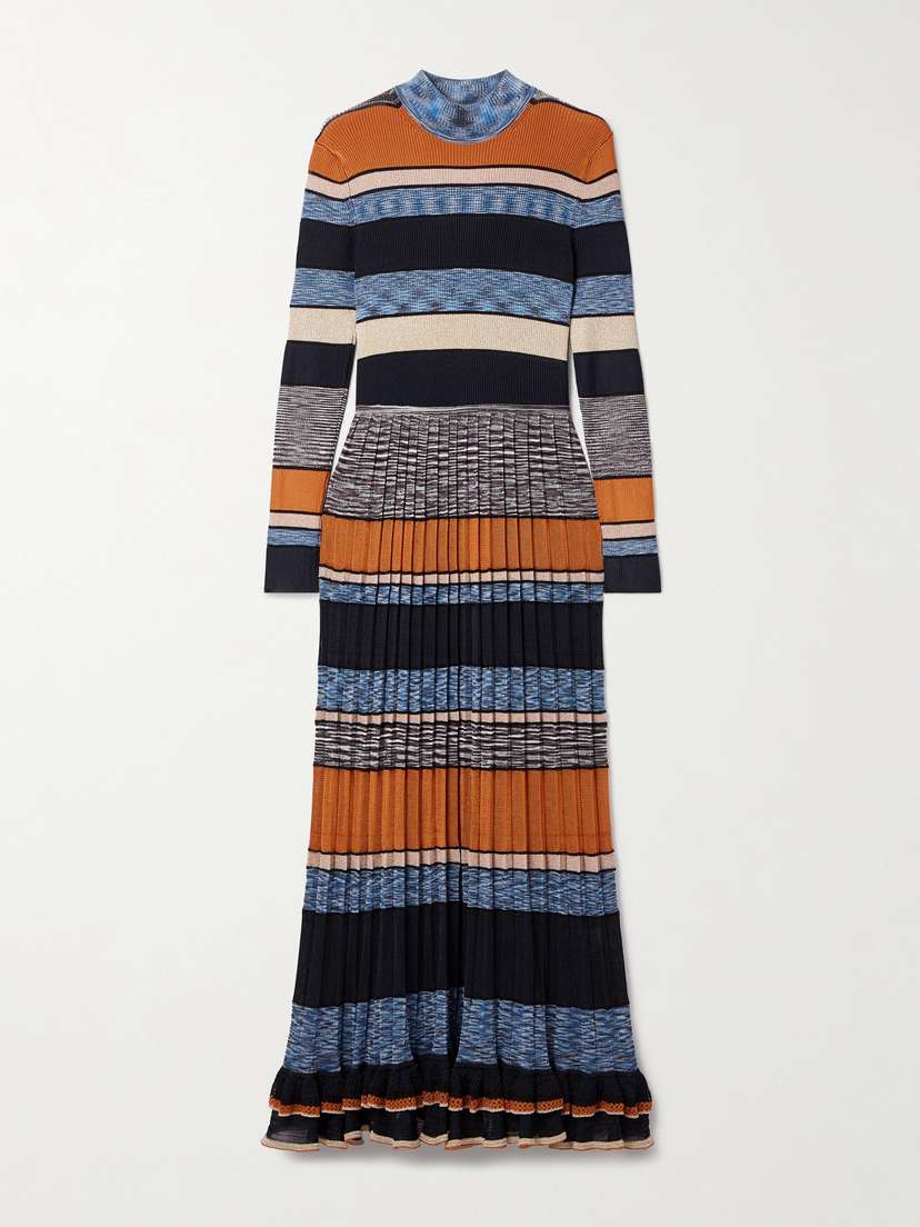 Ulla Johnson Evangeline Striped Pleated Metallic-knit Turtleneck Maxi Dress