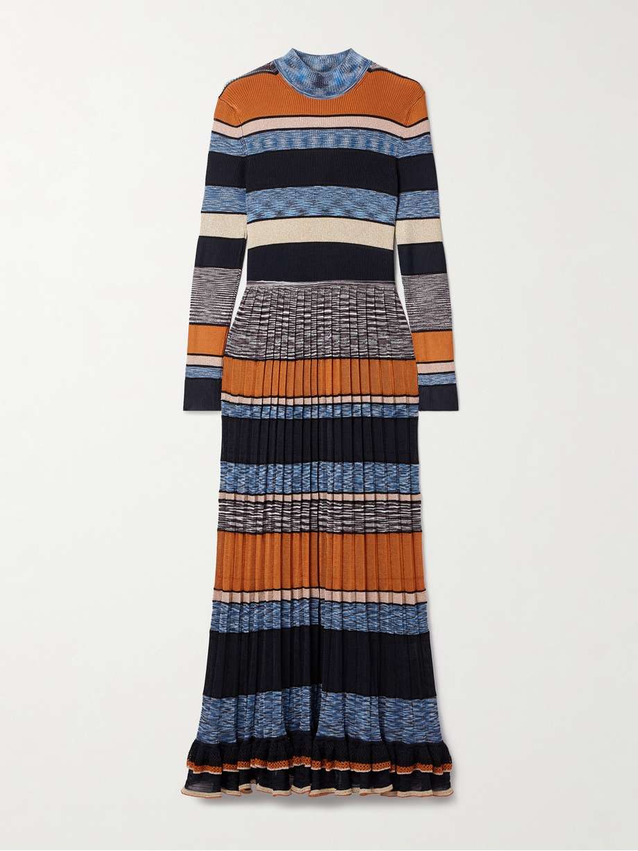 evangeline striped pleated metallic-knit turtleneck maxi dress