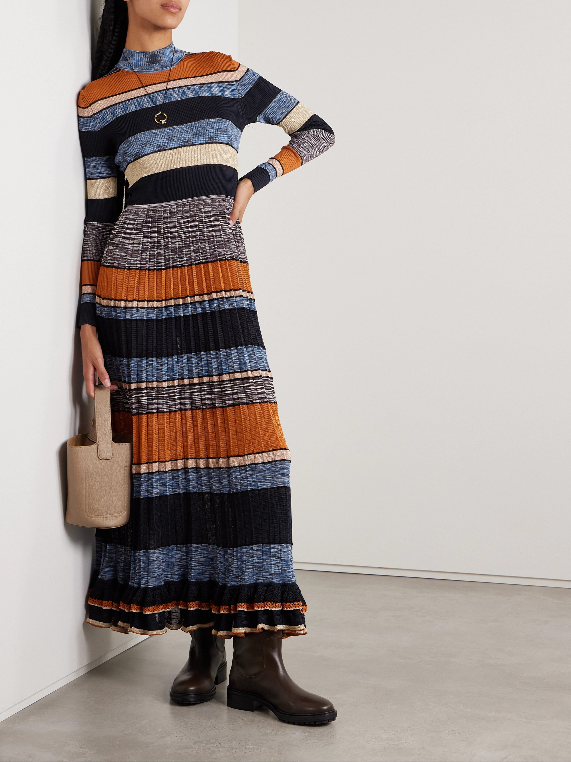 Ulla Johnson - Evangeline striped pleated metallic-knit turtleneck maxi  dress | Plush