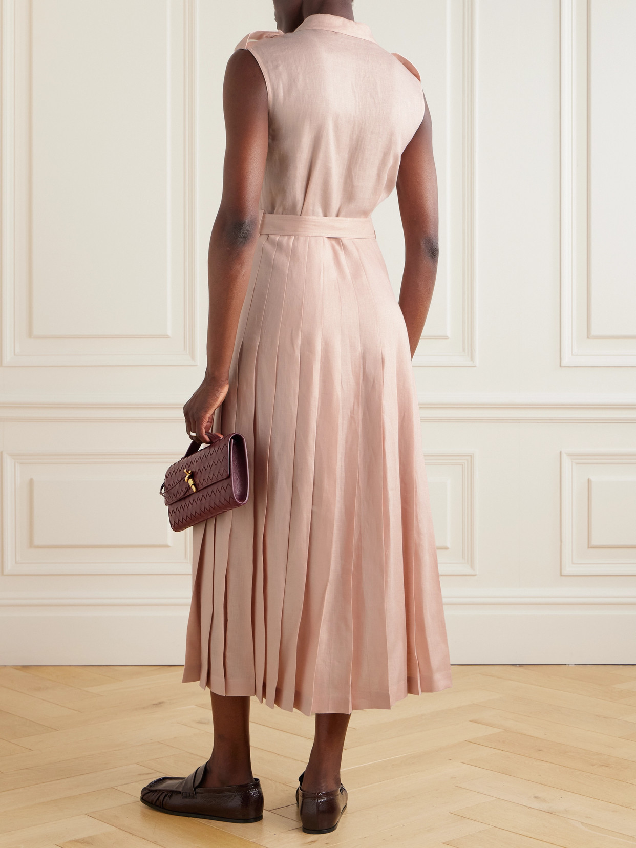 Loro Piana Bryce Belted Pleated Linen Midi Wrap Dress