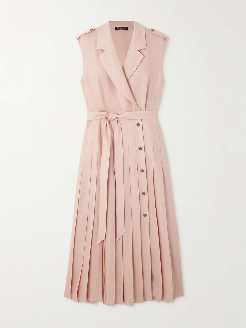 Loro Piana Bryce Belted Pleated Linen Midi Wrap Dress