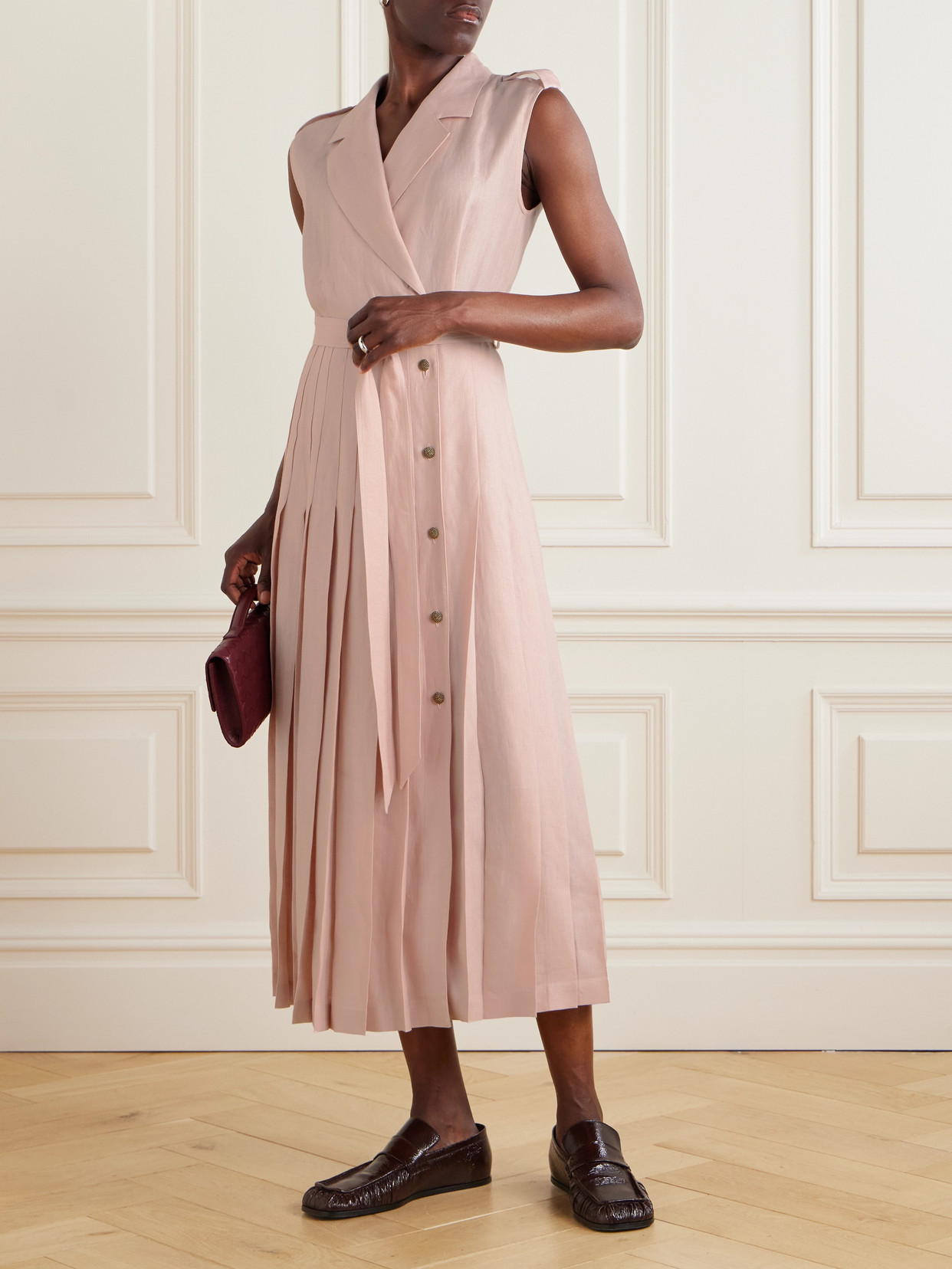 Loro Piana Bryce Belted Pleated Linen Midi Wrap Dress