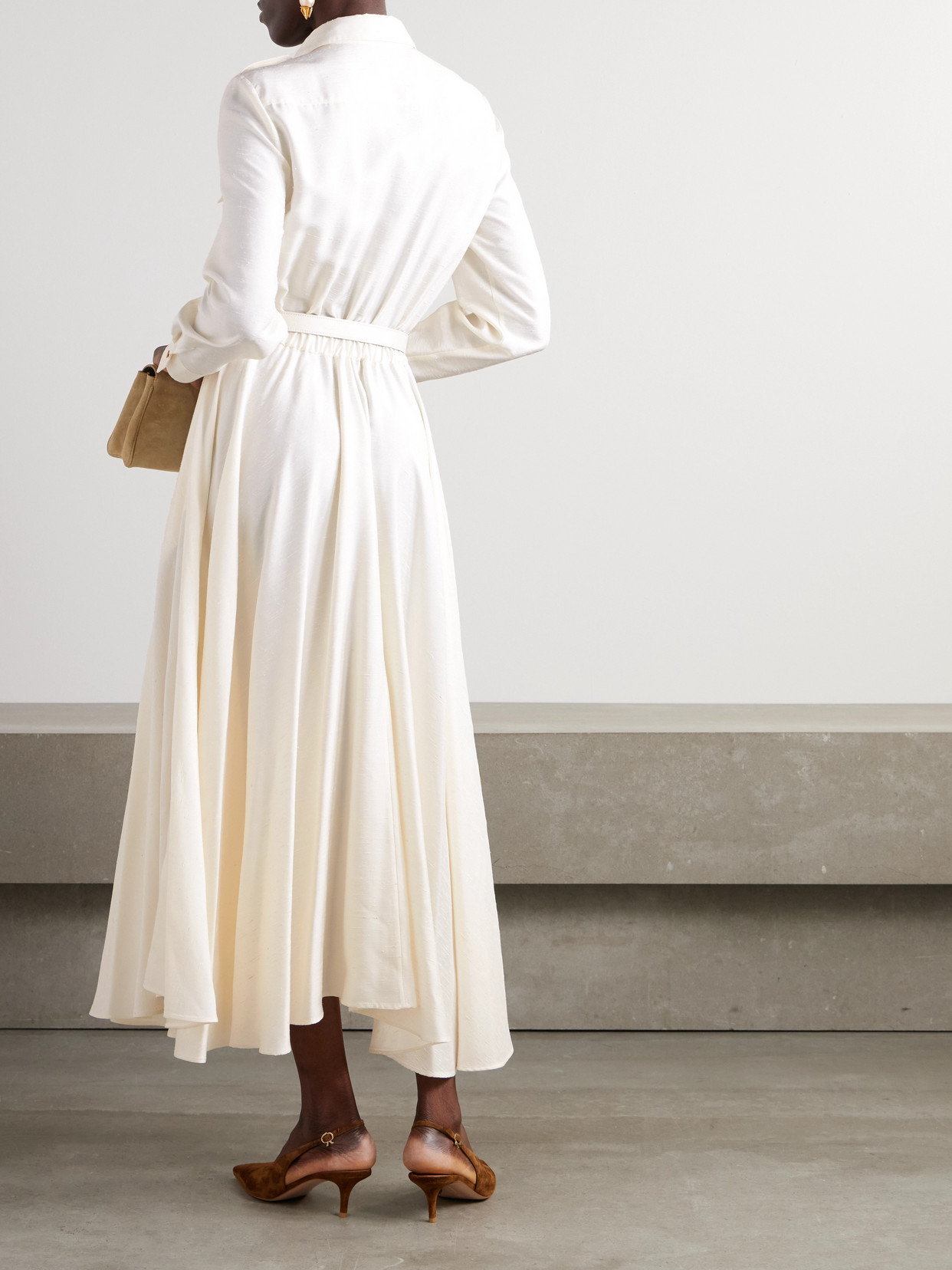 Loro Piana Lela Belted Leather-trimmed Silk-shantung Midi Shirt Dress In Off-white