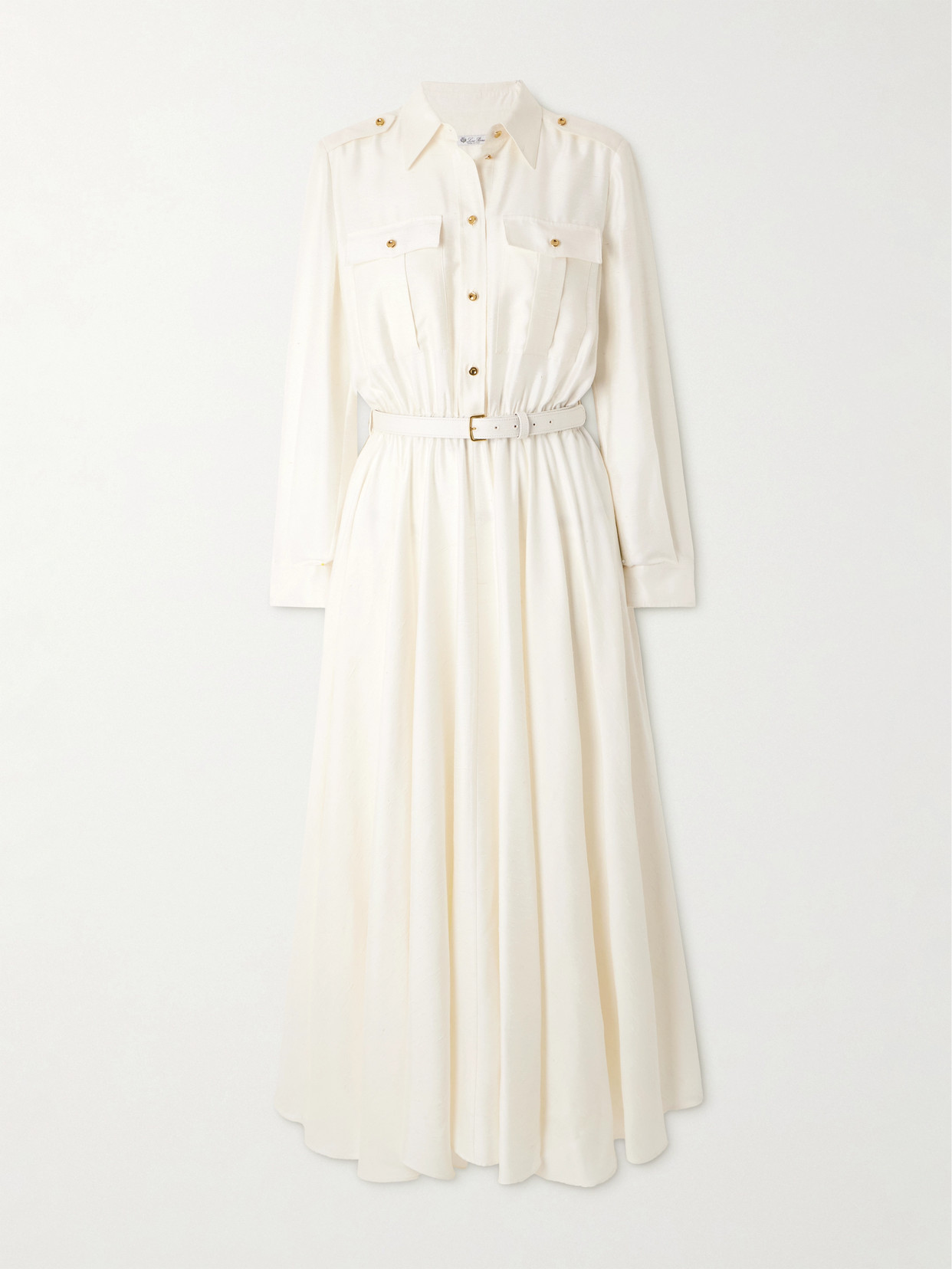Loro Piana - Lela Belted Leather-trimmed Silk-shantung Midi Shirt Dress - Off-white