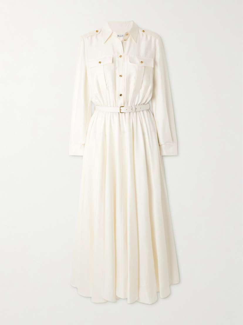 Loro Piana Lela Belted Leather-trimmed Silk-shantung Midi Shirt Dress