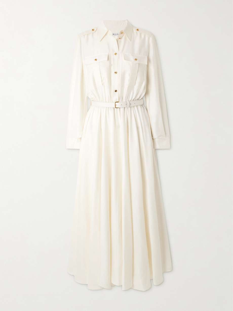 lela belted leather-trimmed silk-shantung midi shirt dress